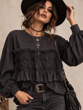 Women's Size Medium Ruffle Front Blouse Balloon Sleeve Dark Grey